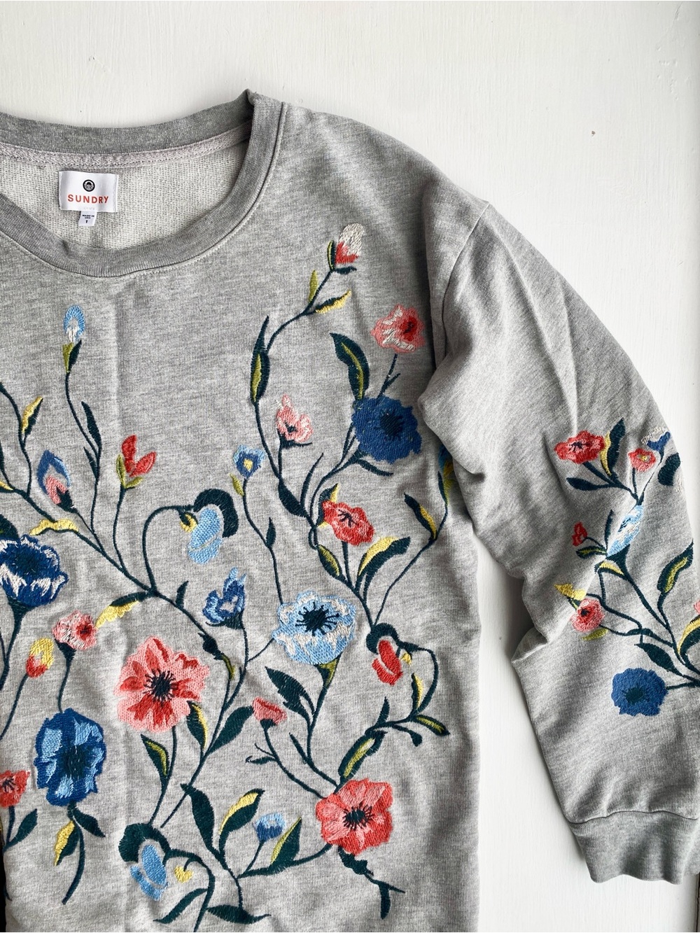 Anthropologie Sundry Cotton Gray Crewneck with Floral Embroidery